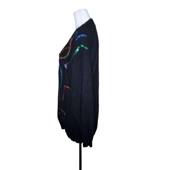 Vintage 80s Confetti Sequin Cardigan Sweater Womens Size M Black Rainbow Angora - Picture 5 of 7